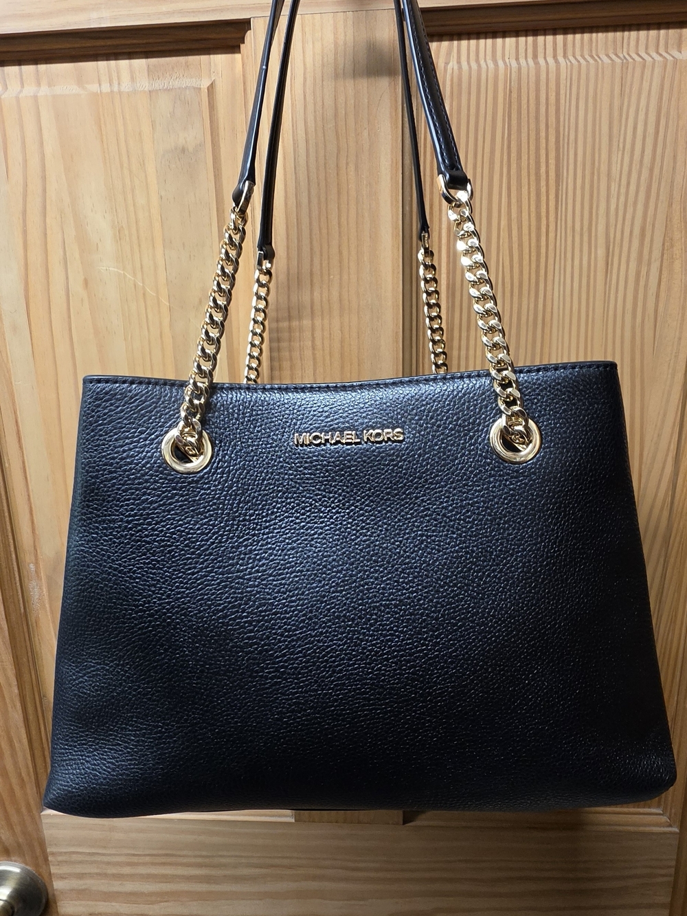 Michael Kors Black Pebbled Leather Tote with Gold Chain Straps